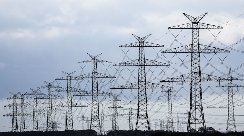 Strommasten des vierten Abschnitts der Westküstenleitung sind in Klixbüll neben dem TenneT-Umspannwerk Klixbüll/Süd zu sehen. / Foto: Christian Charisius/dpa