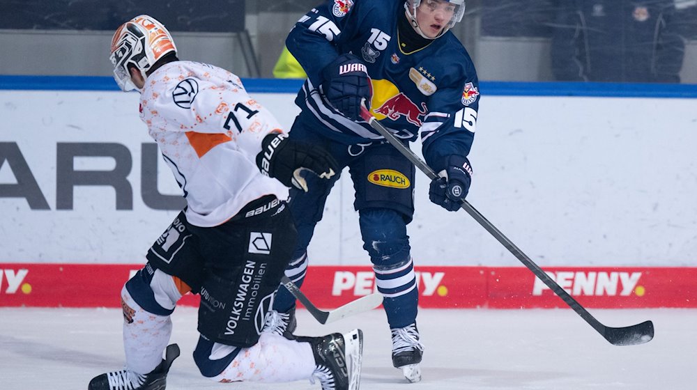 Nikolaus Heigl (r) von München und Justin Feser von Wolfsburg kämpfen um den Puck. / Foto: Sven Hoppe/dpa