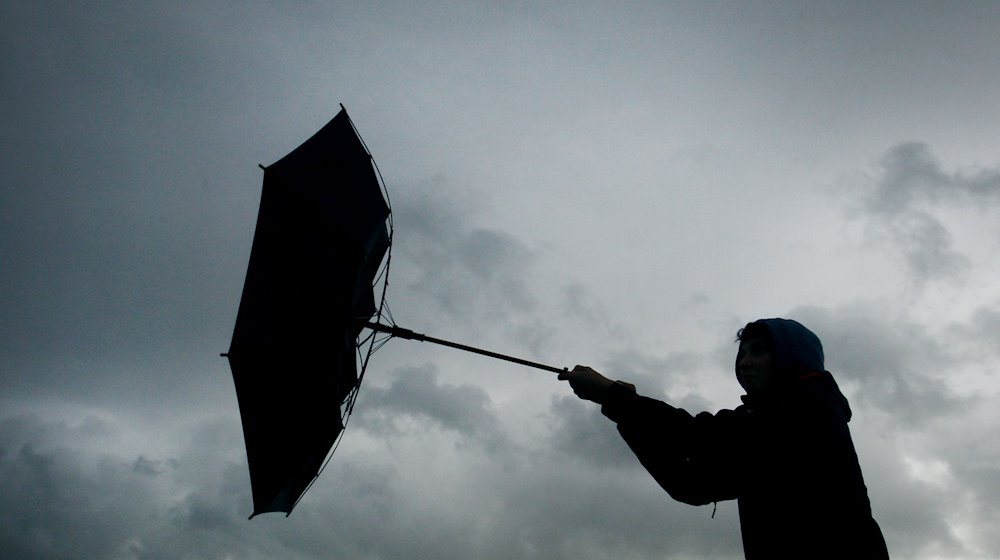 Von einer Windböe erfasst wird der Regenschirm eines Spaziergängers. / Foto: Karl-Josef Hildenbrand/dpa/Archivbild
