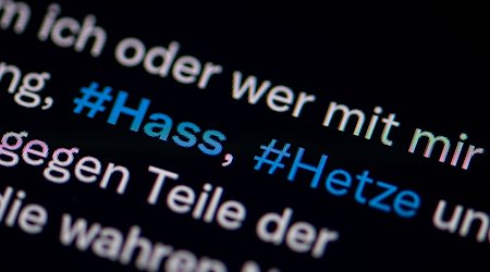 Auf dem Bildschirm eines Smartphones sieht man die Hashtags Hass und Hetze. / Foto: Fabian Sommer/dpa/Illustration