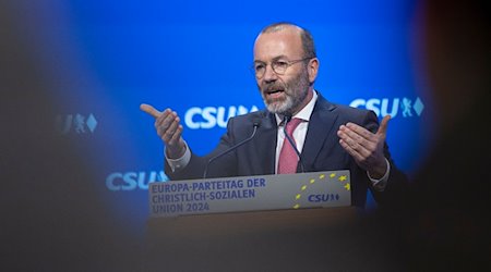 Der CSU-Spitzenkandidat zur Europawahl Manfred Weber spricht auf dem kleinen Parteitag der CSU zur der Europawahl. / Foto: Peter Kneffel/dpa