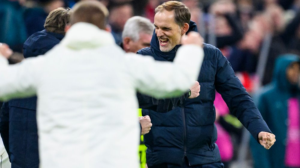 Münchens Trainer Thomas Tuchel jubelt nach dem Spiel. / Foto: Tom Weller/dpa