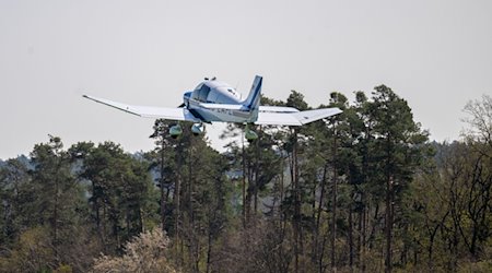 Ein Motorflugzeug fliegt über Bäumen. / Foto: Pia Bayer/dpa