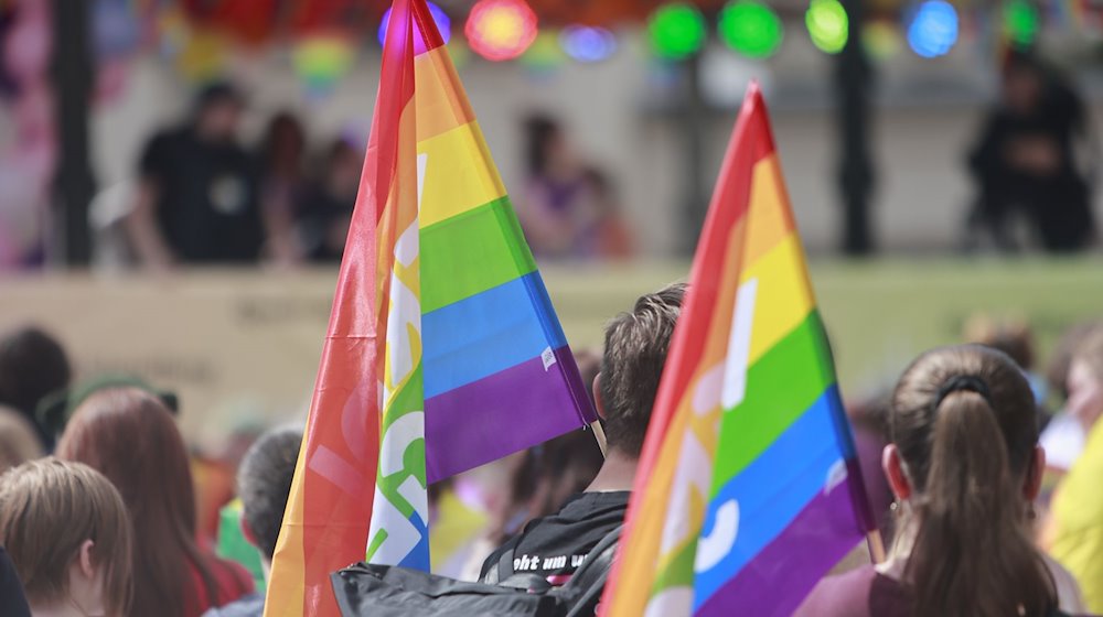 Demonstierende nehmen mit Regenbogenfahnen am Christoper Street Day teil. / Foto: Matthias Bein/dpa/Symbolbild