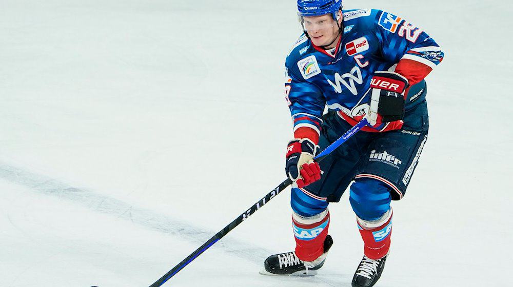 Mannheims Denis Reul spielt den Puck. / Foto: Uwe Anspach/dpa/Archivbild