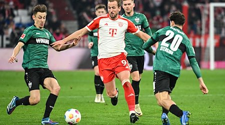 Münchens Harry Kane (M) kämpft gegen Stuttgarts Anthony Rouault (l) und Stuttgarts Leonidas Stergiou um den Ball. / Foto: Sven Hoppe/dpa