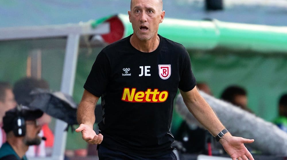 Trainer Joe Enochs von Regensburg reagiert an der Seitenlinie. / Foto: Sven Hoppe/dpa/Archivbild