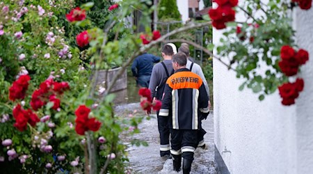 Feuerwehrleute kontrolieren einen überfluteten Garten von einem Wohnhaus. / Foto: Sven Hoppe/dpa
