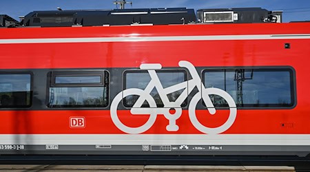 Ein Symbol in Form eines Fahrrades auf einem Zug der Deutschen Bahn signalisiert, dass Fahrräder mitgenommen werden können. / Foto: Patrick Pleul/dpa/Archivbild