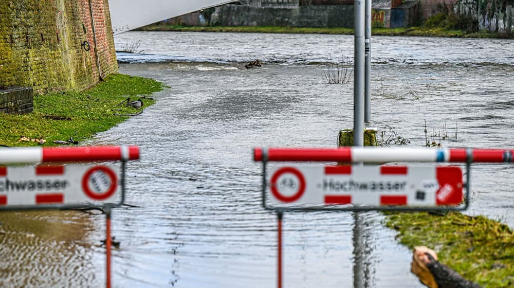 Ein Schild mit der Aufschrift "Hochwasser" steht an der Donau. / Foto: Marius Bulling/dpa