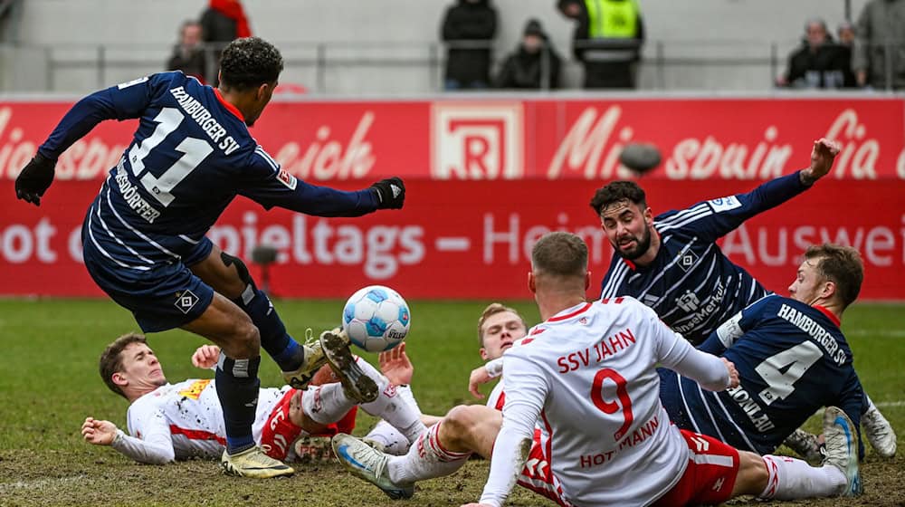 Viel Kampf zwischen Jahn Regensburg und Hamburger SV. / Foto: Armin Weigel/dpa