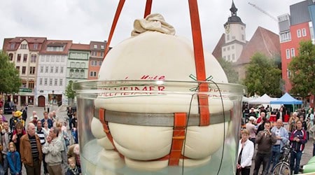 Besucher bestaunen 2010 in Jena den größten Kartoffelkloß der Welt. Im unterfränkischen Dorf Wombach soll nun ein noch größerer Kloß von 400 Kilogramm gekocht und verspeist werden. (Archivbild) / Foto: picture alliance / dpa
