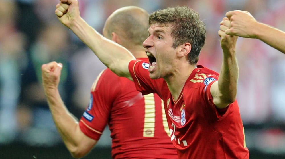 Thomas Müller jubelt über sein Tor zum 1:0 im Champions-League-Finale 2012 gegen Chelsea. / Foto: Topbias Hase/dpa