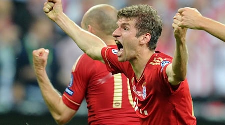 Thomas Müller jubelt über sein Tor zum 1:0 im Champions-League-Finale 2012 gegen Chelsea. / Foto: Topbias Hase/dpa