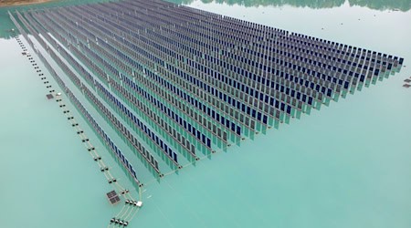 Normalerweise sind Solarpanele bei schwimmenden Anlagen flach auf dem Wasser - hier stehen sie aufrecht.  / Foto: Peter Kneffel/dpa