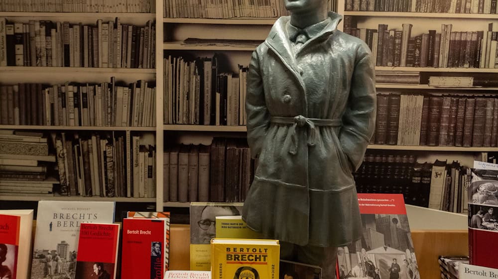 Eine Brechtfigur und Brecht-Literatur in einer Augsburger Buchhandlung. (Archivfoto) / Foto: Stefan Puchner/dpa