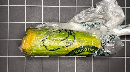Diese alte Gurke hatte eine Frau aus der Oberpfalz statt einer Goldmünze in einem Paket bekommen. / Foto: Polizei Sulzbach-Rosenberg/dpa