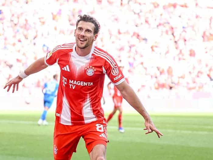 Jubel auf der Abschiedstour: Leon Goretzka gelingt im drittletzten Heimspiel für den FC Bayern ein Doppelpack. / Foto: Harry Langer/dpa