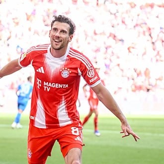 Jubel auf der Abschiedstour: Leon Goretzka gelingt im drittletzten Heimspiel für den FC Bayern ein Doppelpack. / Foto: Harry Langer/dpa