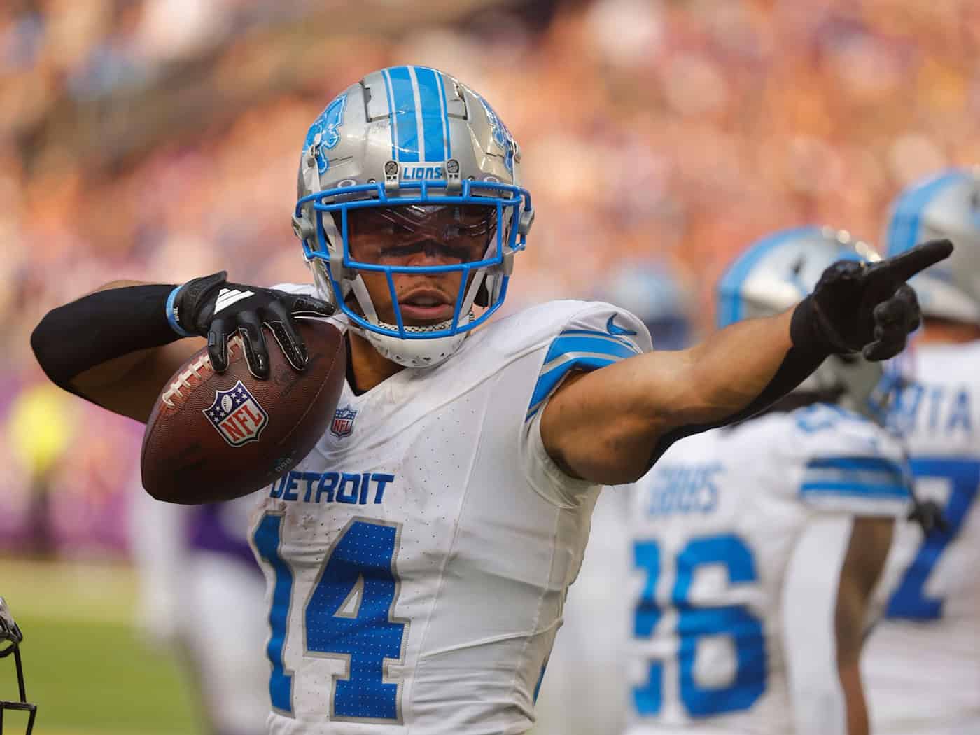 Amon-Ra St. Brown freut sich auf das NFL-Heimspiel mit den Detroit Lions in München. (Archivbild) / Foto: Bruce Kluckhohn/AP/dpa