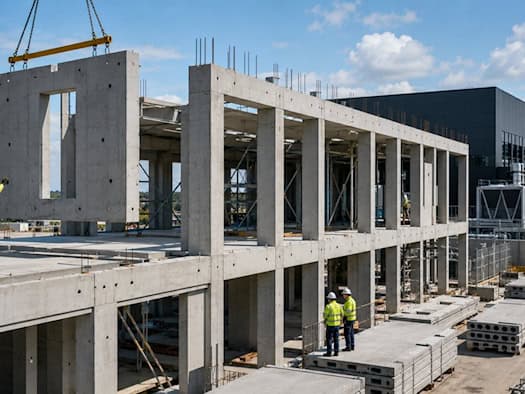 Montage von Stahlbetonfertigteilen auf einer Baustelle: Ein Kran setzt eine große Betonwand ein, Bauarbeiter in Sicherheitskleidung.