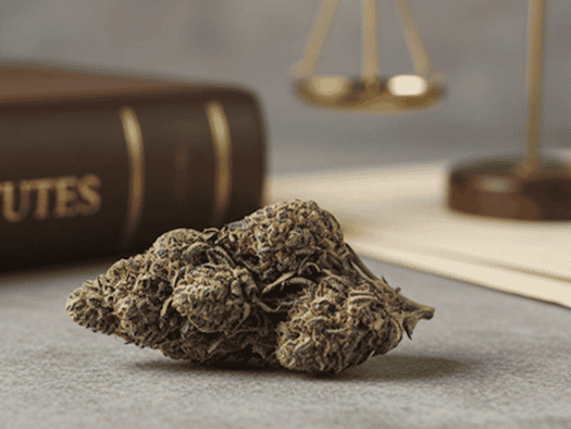 Eine Cannabis-Blüte liegt auf einem grauen Tisch, im Hintergrund ein Buch mit der Aufschrift "STATUTES" und eine Waage als Symbol für Recht und Regulierung.