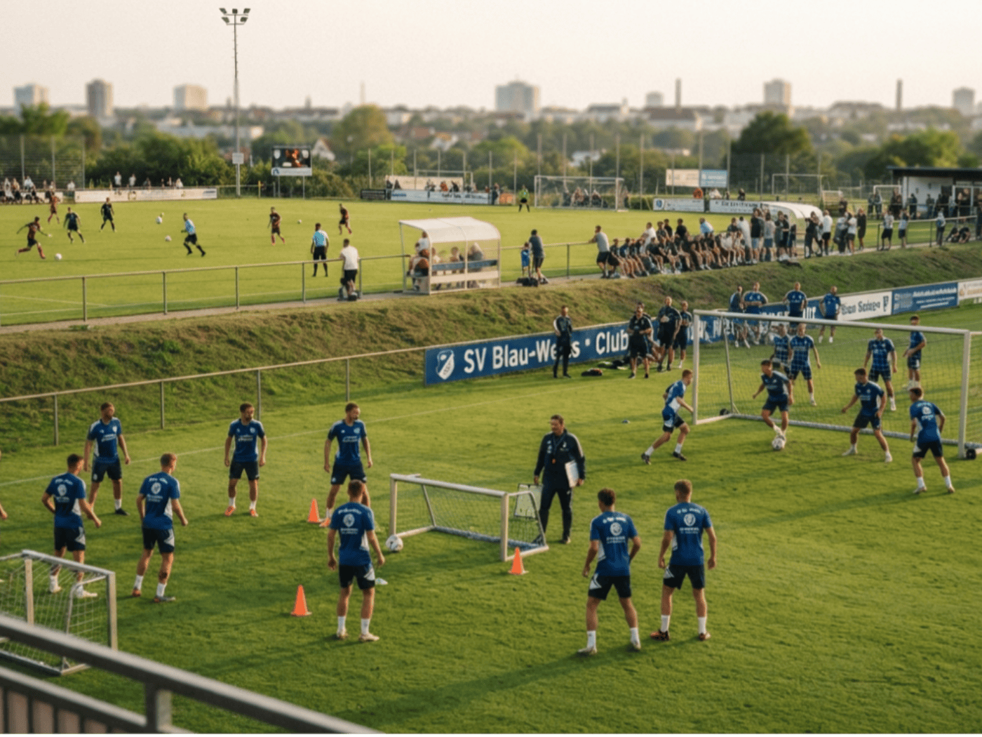 Fußballtraining auf einem Sportplatz mit mehreren Spielern in blauen Trikots, Trainingshütchen und kleinen Toren, während im Hintergrund ein Fußballspiel stattfindet.