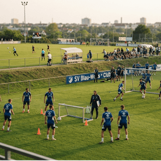 Fußballtraining auf einem Sportplatz mit mehreren Spielern in blauen Trikots, Trainingshütchen und kleinen Toren, während im Hintergrund ein Fußballspiel stattfindet.
