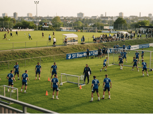 Fußballtraining auf einem Sportplatz mit mehreren Spielern in blauen Trikots, Trainingshütchen und kleinen Toren, während im Hintergrund ein Fußballspiel stattfindet.