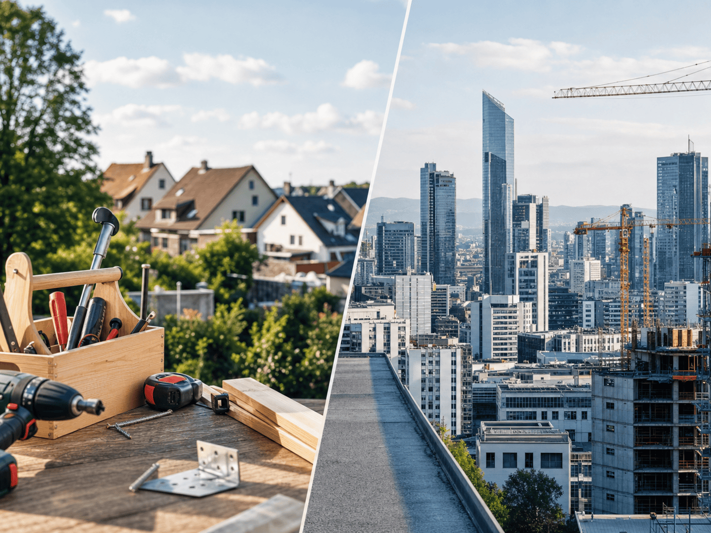 Werkzeugset auf Holztisch vor Häusern mit Satteldächern und im Kontrast dazu Skyline mit Hochhäusern und Baukran