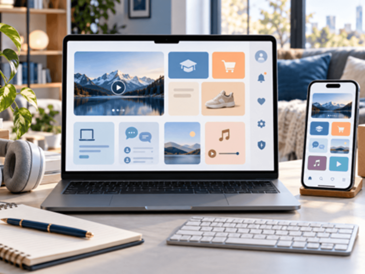 Laptop und Smartphone mit Website-Oberfläche auf einem Arbeitstisch neben Notizbuch und Kaffeetasse