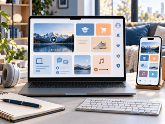 Laptop und Smartphone mit Website-Oberfläche auf einem Arbeitstisch neben Notizbuch und Kaffeetasse
