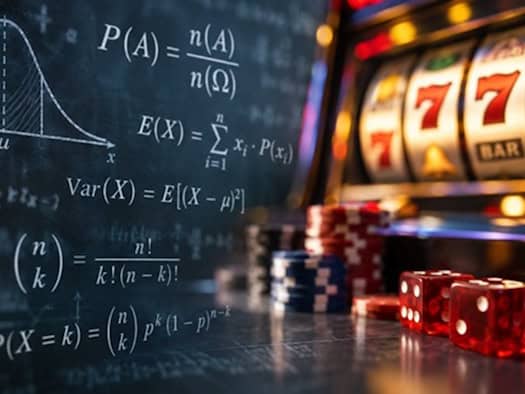 Tafel mit Wahrscheinlichkeitsformeln, davor rote Würfel, im Hintergrund unscharf Spielautomaten und Pokerchips