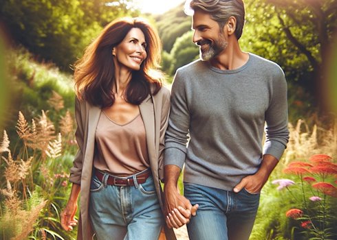 Attraktives Paar über 50 bei einem romantischen Spaziergang in der Natur, Hand in Hand und glücklich lächelnd.