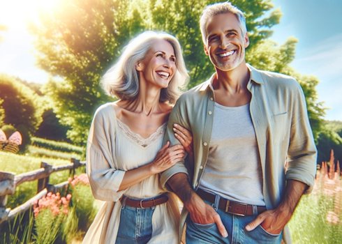 Attraktives Paar über 50 bei einem romantischen Spaziergang in der Natur, Hand in Hand und glücklich lächelnd.
