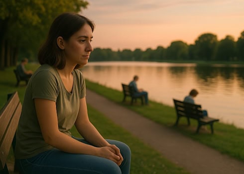 Eine Frau Anfang 30 sitzt abends allein auf einer Parkbank am See. Um sie herum weitere einzelne Personen, die ebenfalls für sich sind. Die Stimmung ist ruhig und leicht melancholisch.