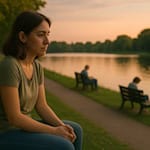 Eine Frau Anfang 30 sitzt abends allein auf einer Parkbank am See. Um sie herum weitere einzelne Personen, die ebenfalls für sich sind. Die Stimmung ist ruhig und leicht melancholisch.