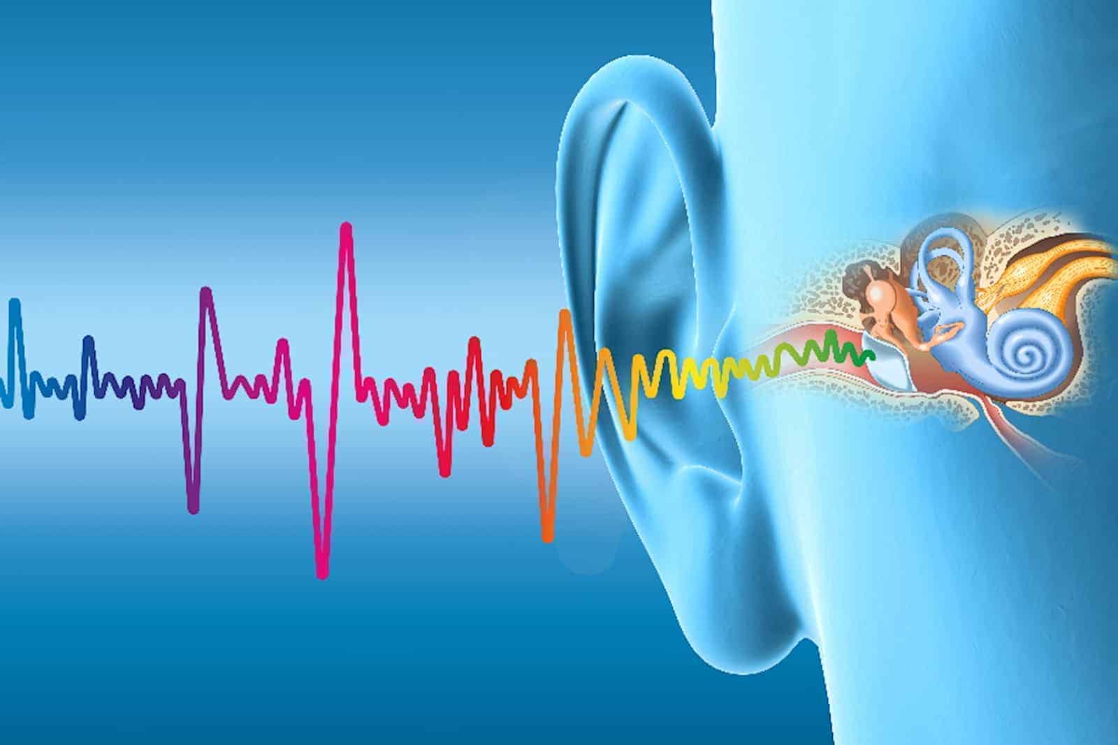 Eine Gesichtshälfte mit sichtbarem Innenohr und darauf stoßenden Schallwellen ist auf blauem Hintergrund zu sehen.