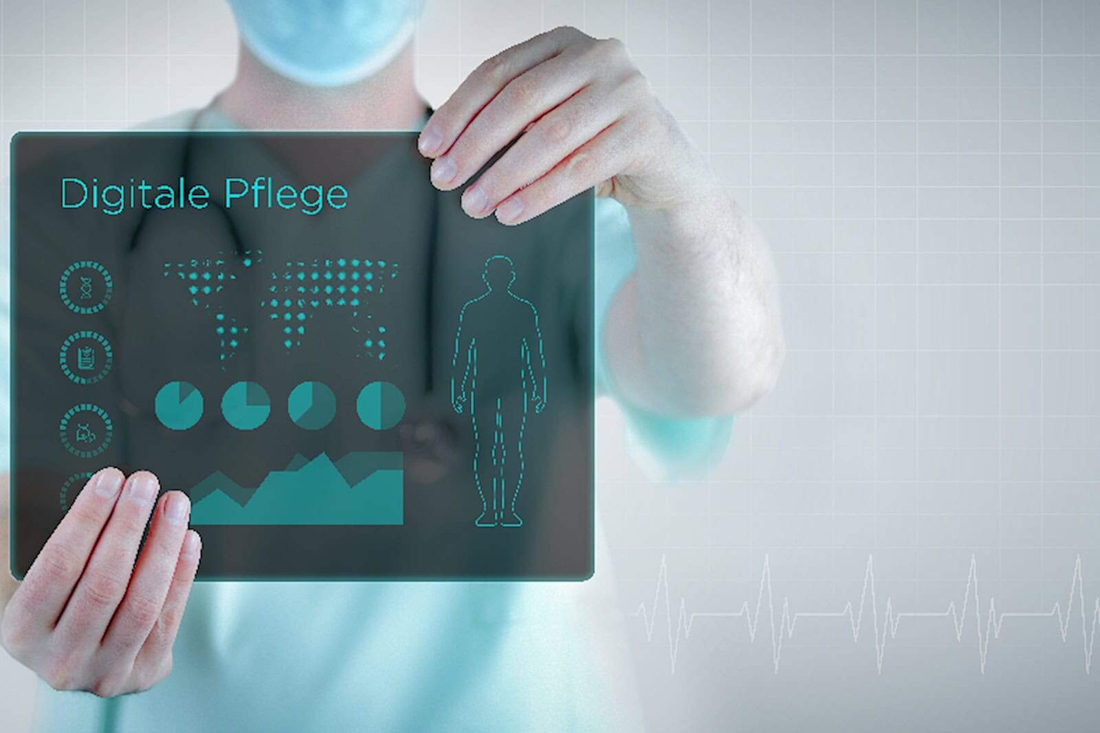 Digitale Pflege. Arzt hält virtuellen Brief mit Text und einem Interface zum Thema Medizin in der Zukunft