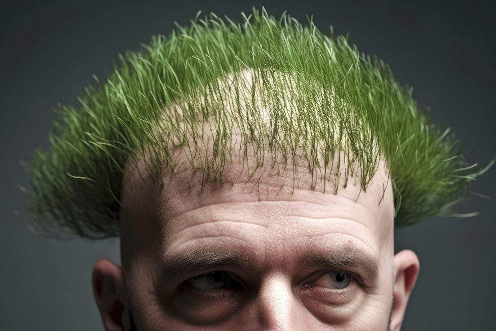 Auf einem kahlen Männerkopf wächst Gras statt Haare.
