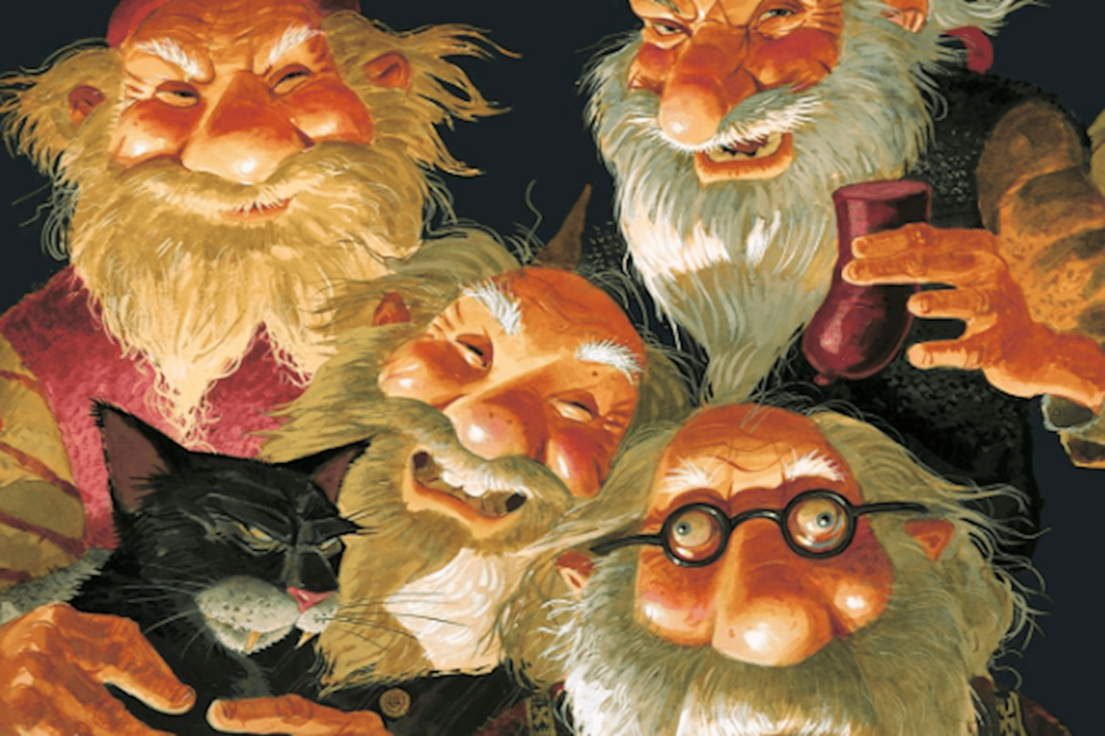 Zeichnung von einigen isländischen Weihnachtsmännern aus der Folklore. Vier rauschebärtige Männer grinsen.