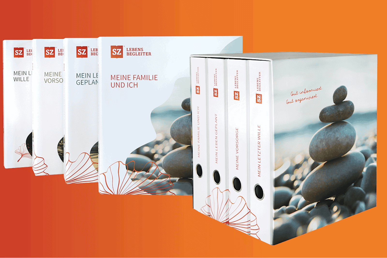 Eine Reihe weißer Bücher mit roten und weißen Einbänden.