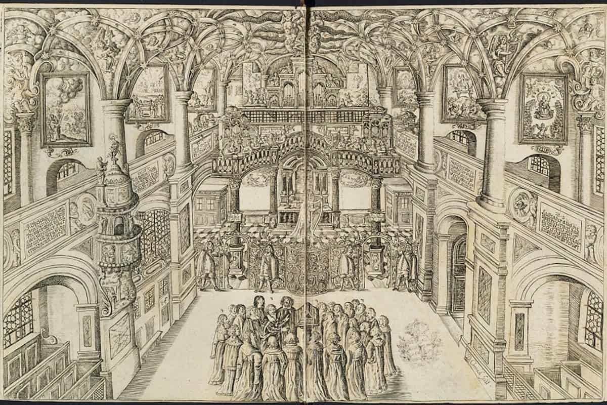 Dresdner Schloßkapelle mit Heinrich Schütz im Kreise der Kantorei. Titelkupfer zu Geistreiches Gesangbuch 1676 von David Conrad.Foto: SLUB Dresden / Regine Richter, DDZ Dresdner Schloßkapelle mit Heinrich Schütz im Kreise der Kantorei. Titelkupfer zu Geistreiches Gesangbuch 1676 von David Conrad.Foto: SLUB Dresden / Regine Richter, DDZ