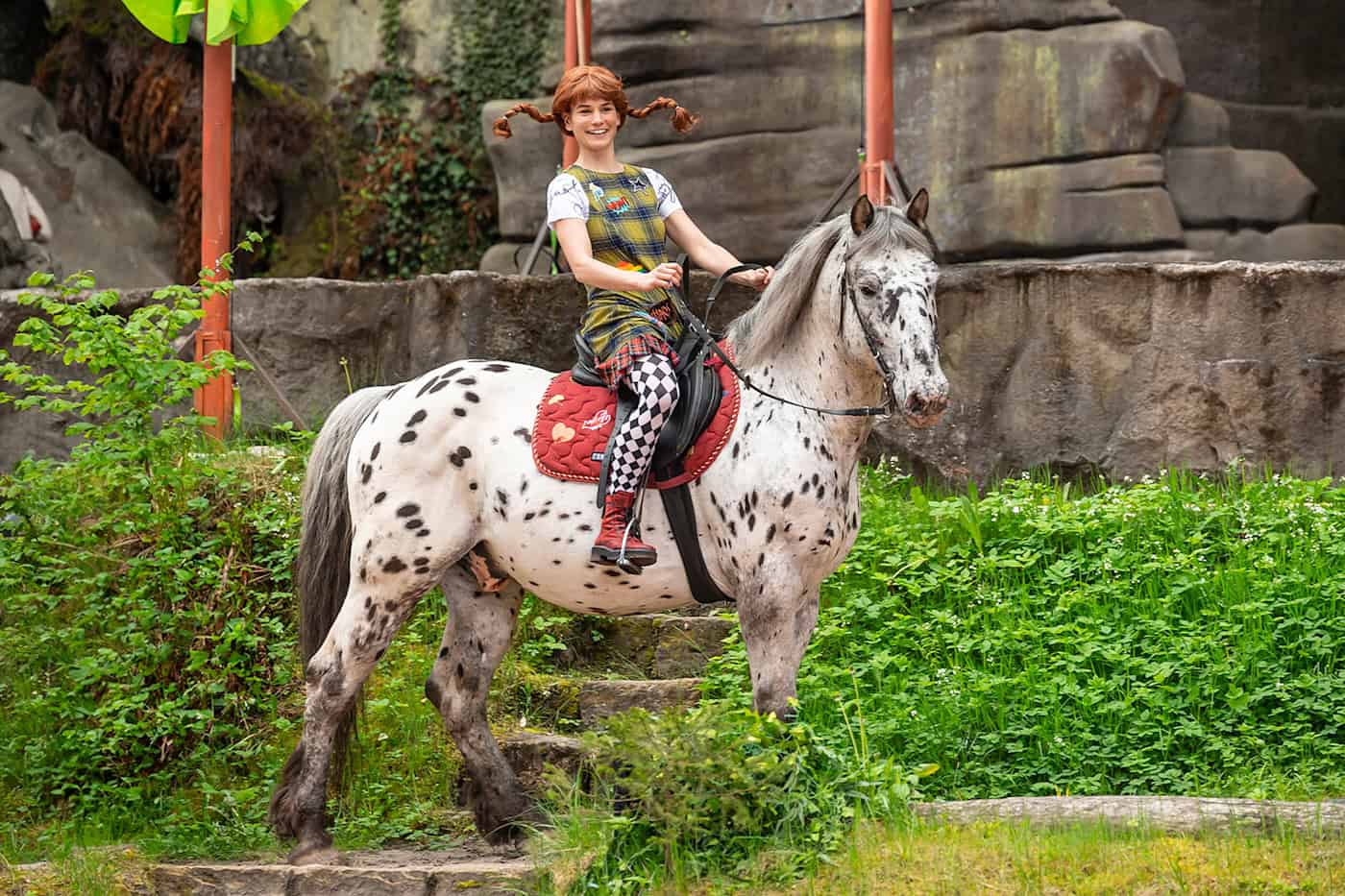 Ein Spaß für Großeltern und Enkel: Pippi Langstrumpf reitet über die Felsenbühne Rathen. Foto: René Jungnickel