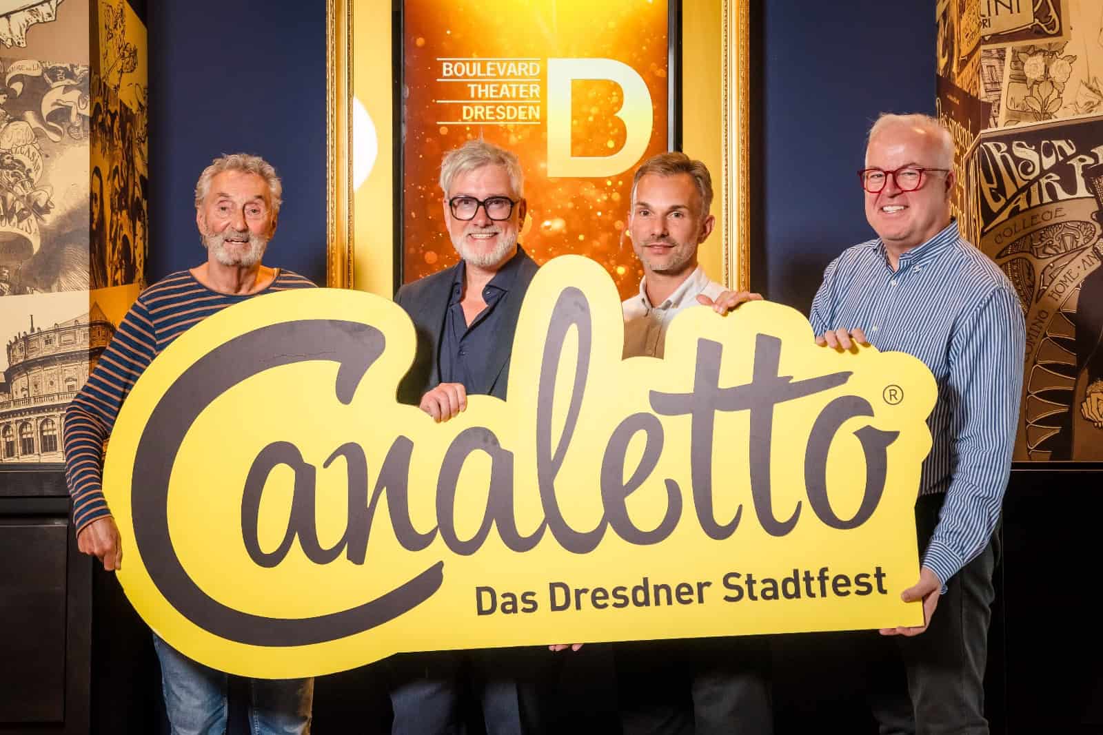 Freuen sich auf das Canaletto-Stadtfest (v.l.): Musiker Bernd Aust, Regisseur Olaf Becker, Stefan Kästner (musikalischer Leiter des Stadtfestes) und Stadtfest-Chef  Frank Schröder. Foto: schmidt.fm