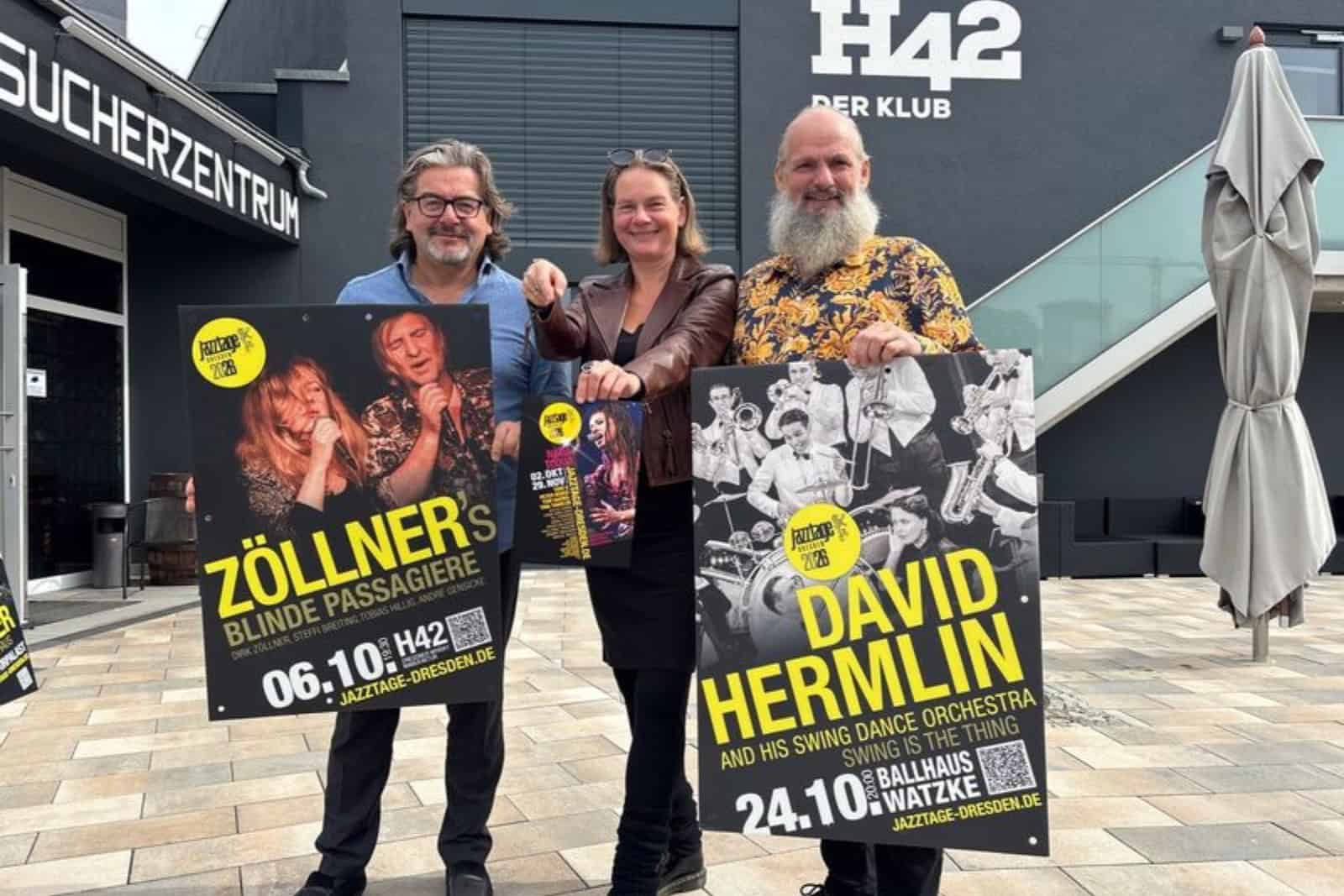 Freuen sich auf die Jazztage (v.l.): Manufaktur-Inhaber Frank Leichsenring und die Veranstalter Tanja Grandmontagne und Kilian Forster. Foto: meeco Communication Services