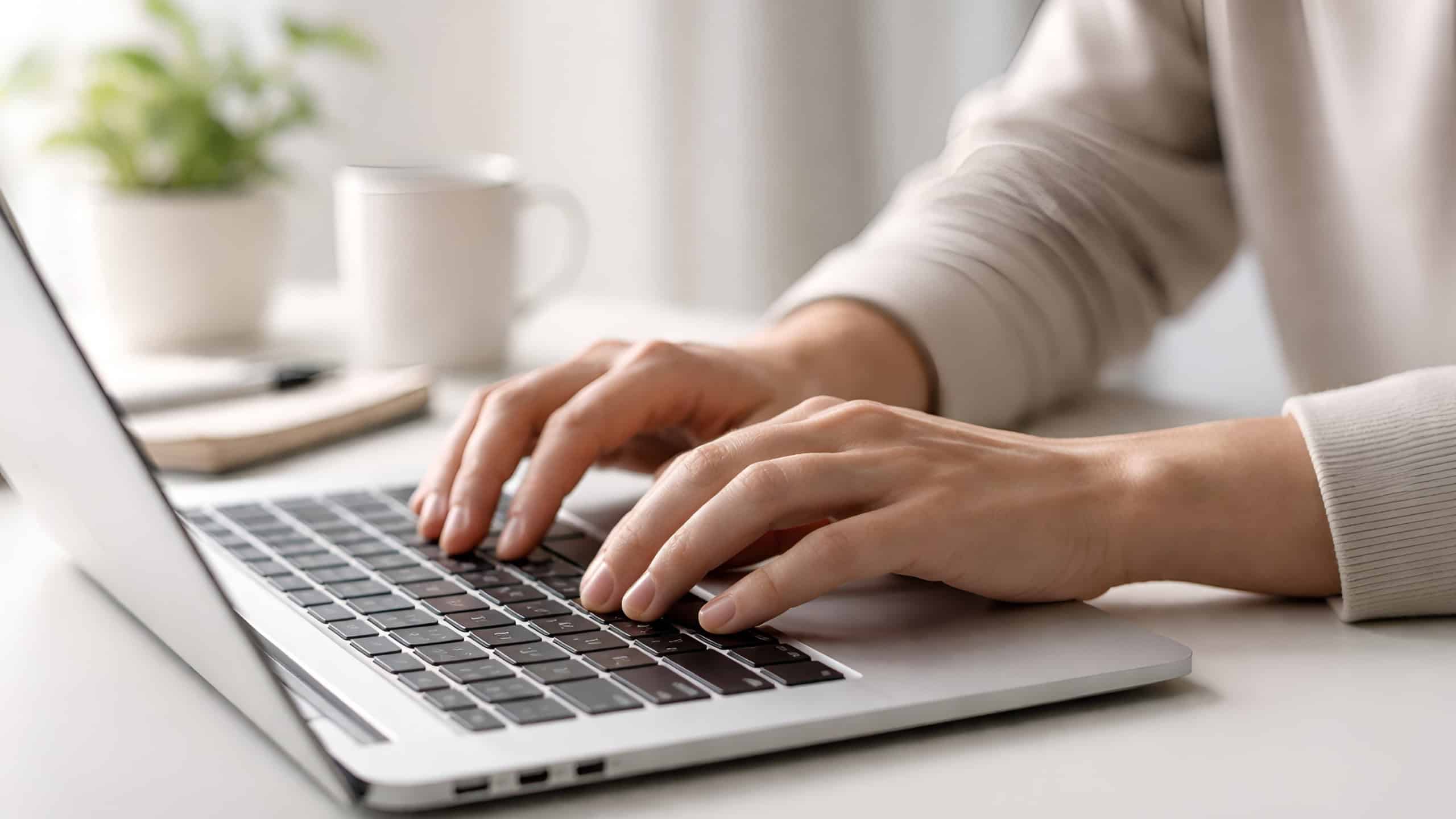 Eine Frau schreibt an einem Laptop. Wissensland übersetzt Wissenschaft für alle.
