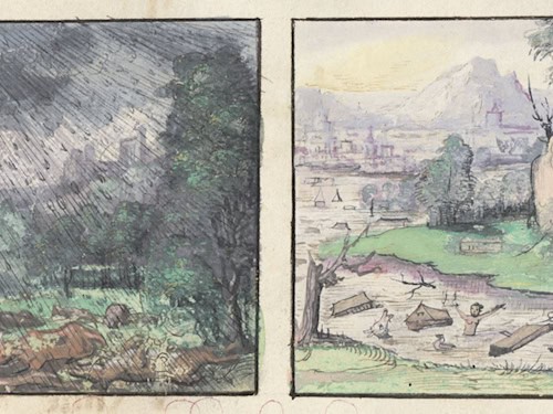 Historische Darstellung von extremem Regen und Hochwasser im 13. Jahrhundert