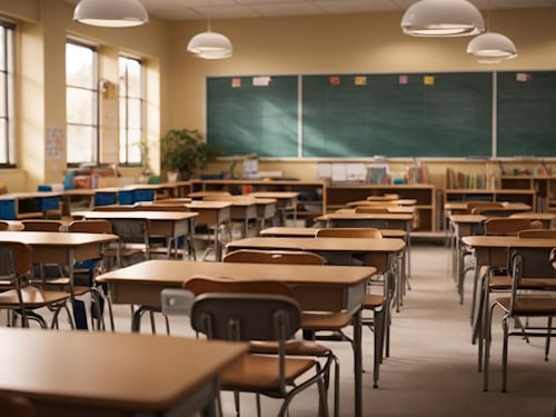 Klassenzimmer mit Tischen und Stühlen heizen sich bei Hitze auf