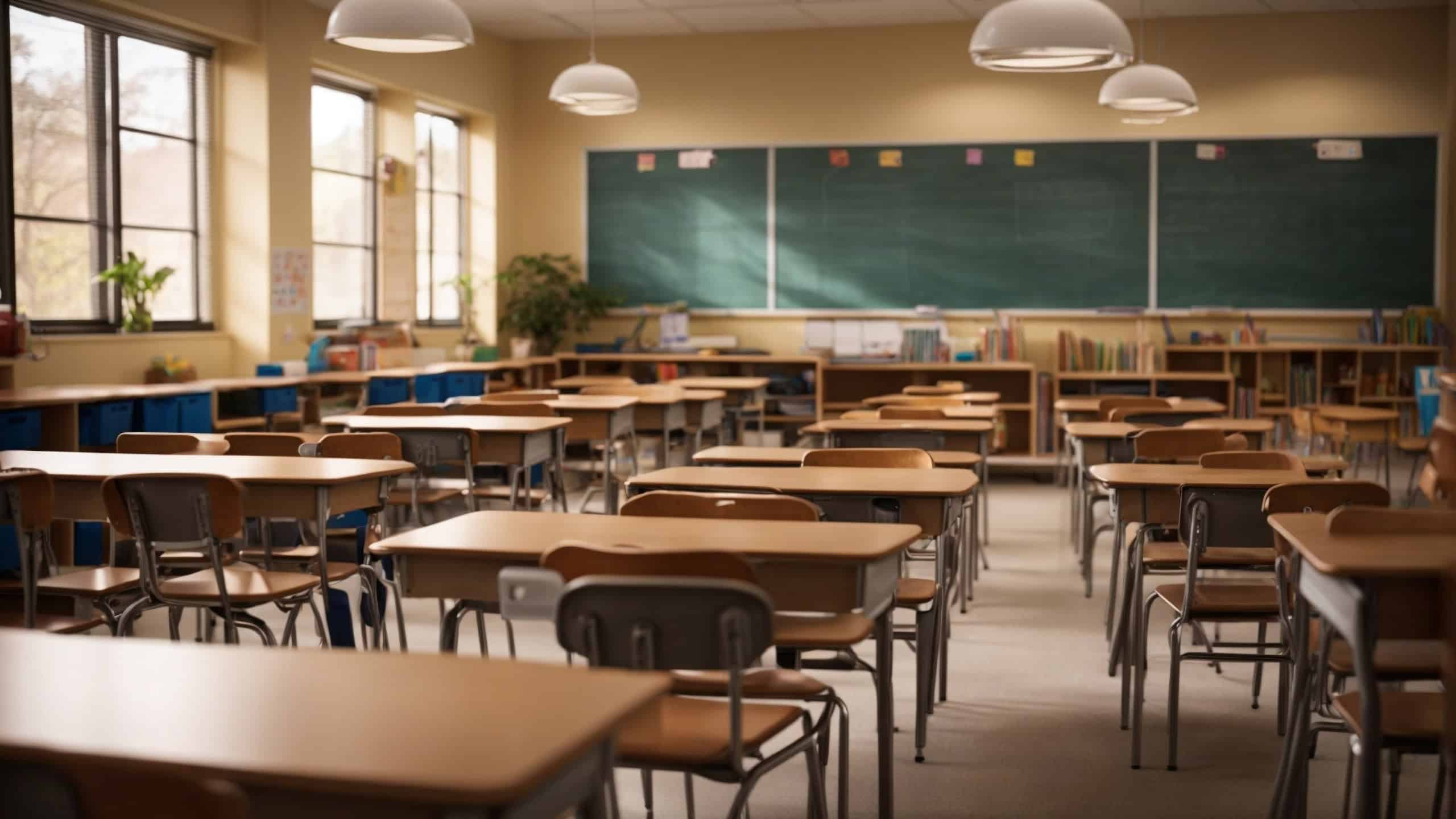 Klassenzimmer mit Tischen und Stühlen heizen sich bei Hitze auf